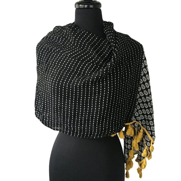 Black White Geometric Striped Yellow Tasseled Wide Long Scarf Wrap Cover Up - Picture 6 of 16